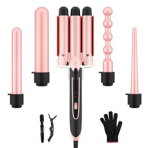 PRICES MAY VARY. Perfect Curling Iron Set: The 5-in-1 curling iron contains a 1" straightener, a triple barrel hair waver, a tapered curling wand, and 2 curling irons (1", 1.25"). Whether straightening or curling hair, just one hair wand curler set does it all! Create Beachy Waves Easily : With this hair waver curling iron, you can get glam beachy waves or enhances natural waves quickly and easily. Three simple steps to create waves that last all day---clamp, hold and release. Instant Heating Up Tapered Curling Wand, 3 Barrel Curling Iron, Wand Curler, Wand Curling Iron, Hair Wand, Beach Waver, Wand Hairstyles, Curling Hair, Curling Brush