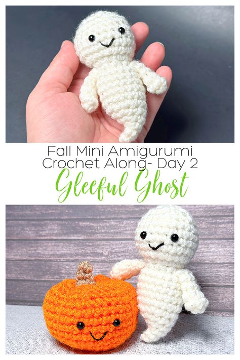 No Sew Ghost Crochet, Mini Halloween Amigurumi, Crocheted Farm Animals, Cute Halloween Amigurumi, Crochet Ghost With Pumpkin, Tiny Ghost Crochet Pattern, Small Ghost Crochet Pattern Free, Small Crochet Ghost, Crochet Mini Halloween