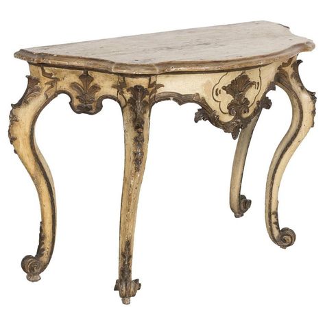 19th Century Italian Rococo Style Painted and Parcel Gilt Console Table | See more antique and modern Console Tables at https://www.1stdibs.com/furniture/tables/console-tables Wall Console, Bedroom Table, Acanthus Leaves, Modern Console Tables, Cabriole Legs, Rococo Style, Acanthus Leaf, Beveled Edge, Rococo