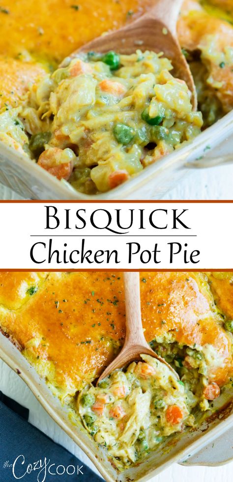 Make this Bisquick Chicken Pot Pie in the Oven, Crock Pot, or Instant Pot! Bake it as a casserole or top it with Biscuits! #Bisquick #recipeswithchicken #rotisseriechickenrecipes Bisquick Chicken Pot Pie, Bisquick Chicken, Biscuit Crust, Pot Pie Casserole, Chicken Pot Pie Casserole, Homemade Chicken Pot Pie, Bisquick Recipes, Pot Pies Recipes, Chicken Pot Pie Recipes