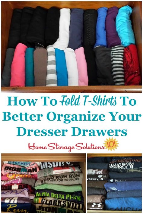 How to fold t-shirts to better organize your dresser drawers {on Home Storage Solutions 101} #FoldTshirts #FoldingTShirts #ClothingOrganization Fold Tshirts, Fold T Shirts, T Shirt Storage, Bedroom Storage For Small Rooms, Shirt Storage, T Shirt Folding, Dresser Drawer Organization, Room Organization Bedroom, Storage Solutions Bedroom