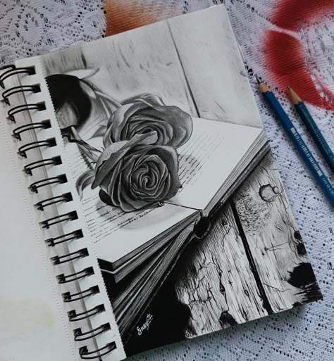 Pencil drawing of rose & book Book Cover Drawing Ideas, Cool Sketch Ideas Creativity, Rose Book, Colored Pencil Art Projects, Pencil Drawing Images, Buddhist Art Drawing, Whimsical Art Journal, Rose Sketch, Pencil Drawings For Beginners