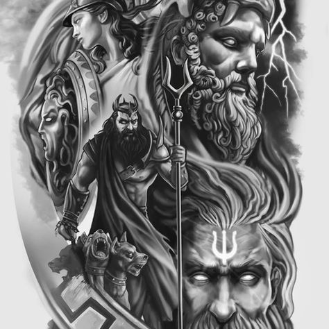 Client wants a design of major greek god and goddess, dark, bold, ominous design Greek God With Wings Tattoo, Greek Gods Back Tattoo, Greek Mythology Pictures, God Of Love Tattoo, Gods And Goddesses Tattoo, Greek Gods Drawings Pencil, Greek God Aesthetic Dark, Greek Back Tattoo, Greek Gods Tattoo Design