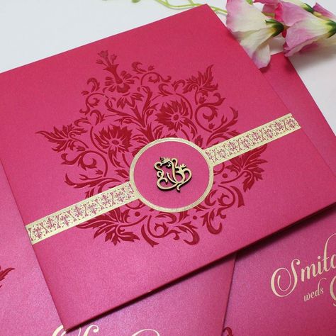 Magenta colour card in #goldfoil strip and #lasercut religious logo. Magenta Colour, Hindu Wedding Invitation Cards, Indian Invitation Cards, Shadi Card, Wedding Card Design Indian, Indian Wedding Invitation Card Design, Marriage Invitation Card, Hindu Wedding Invitations, Hindu Wedding Cards