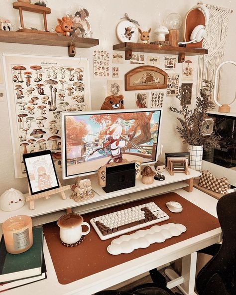 20 Most Beautiful And Cozy Hobby Room Ideas You Should See Gamer Desk Decor, Cozy Desk Accessories, Gamer Boho Room, Basement Hobby Room, Crafting Desks Work Spaces, Hobby Room Aesthetic, Witchy Desk Setup, Desk Set Up With Laptop And Monitor, Hobby Ideas Aesthetic