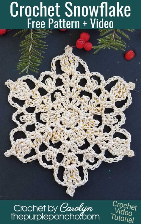 Crochet Video: How To Crochet A Snowflake - The Purple Poncho Crochet Ornaments Free Pattern, Free Crochet Snowflake Patterns, Crocheted Snowflakes, Moogly Crochet, Crochet Christmas Snowflakes, Crochet Christmas Ornaments Free, Crochet Snowflake, Crochet Pot, Crochet Ornament Patterns