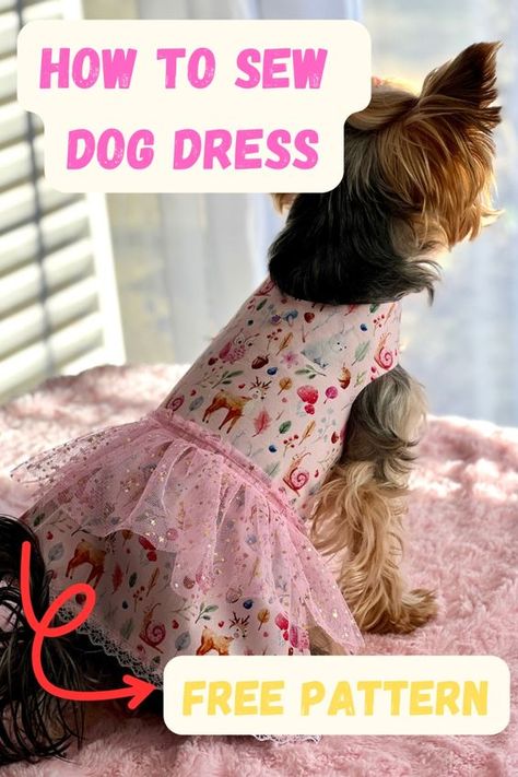 How to sew cute dog dress with free pattern. This dress is really simple because I use a dog harness pattern and one rectangle of fabric. For the decoration, I used pink pleated lace and white little lace for the dress hem. This part is optional if you don't want to be so extra. This is suitable for beginners. Sew Dog Harness Free Pattern, Dog Dress Sewing Pattern, Cat Dress Pattern Free Sewing, Small Dog Dress Pattern Free, Small Dog Clothes Patterns Free, Diy Dog Dress Pattern Free, Pet Clothes Patterns Free Sewing, Dog Dress Pattern Free How To Make, Pet Clothes Patterns Free