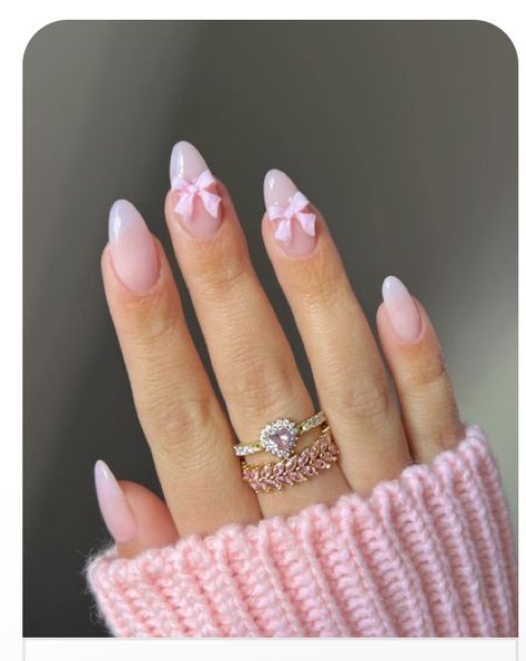 Bow Nail Designs, Pink White Nails, Soft Pink Nails, Pink Nail Art Designs, Almond Press On Nails, Simple Spring Nails, White Nail Art, Pink Nail Art, Spring Nail Art