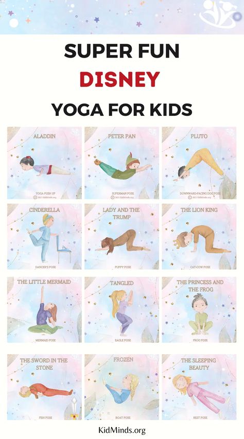 The Best 12 Disney Yoga Poses for Kids | KidMinds Kids Yoga Sequence, Disney Gross Motor Activities, Yoga Crafts For Kids, Kids Yoga Poses Printable, Animal Yoga Poses For Kids, Dinosaur Yoga, Yoga For Children, Kids Yoga Games, Kids Exercise Activities