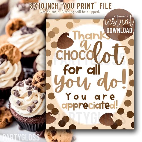 "Buy Two Get Two Free! Use coupon code: BUY2GET2 Chocolate Appreciation print \"Thanks a chocolot for all you do! You are appreciated!\" INCLUDED FILES* 8x10 inch jpg 8.5x11 pdf *This JPG/PDF file arrives exactly as shown (without the PartyGloss watermark). They are NOT editable. Please note the design you are purchasing is the FIRST of the images shown (the main image). Smaller TAG SIZE VERSION is here: https://www.etsy.com/listing/1112558916/team-member-appreciation-printable-tag NOTHING WILL Chocolate Appreciation Sayings, Thanks A Chocolate Free Printable, Team Appreciation Gifts, Staff Appreciation Ideas, Chocolate Puns, Teacher Morale, You Are Appreciated, Staff Appreciation Week, Staff Appreciation Gifts