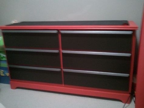 Tool Box Dresser Tool Box Dresser, Race Car Bedroom, Dirt Bike Room, Box Dresser, Pipe Shelving, Dresser Ideas, Dresser Redo, Bike Room, Car Bedroom