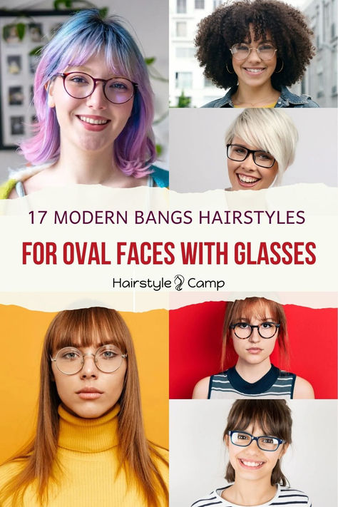 Bangs for Oval Faces with Glasses Lob With Bangs And Glasses, Hair For Oval Face Shape Medium, Bangs For Glasses Wearers, Bangs And Glasses Round Face, Wispy Bangs Round Face Glasses, Bangs With Glasses Oval Face, Glasses For Oval Shaped Face, Hair Styles With Glasses, Best Glasses For Oval Face