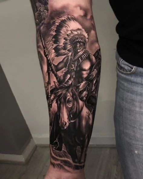 105+ Native American Tattoo Ideas To Honor Indigenous Heritage Native American Tattoos Back Piece, Eagle Tattoo Native American, Native American Scenery Tattoo, Native Neck Tattoo, Indian Themed Tattoos, Native American Totem Tattoos, Western Sleeve Tattoos For Guys, Native Eagle Tattoo, Native American Back Tattoos