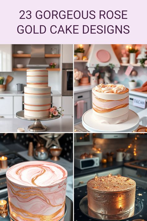 Let your celebrations shine with these 23 stunning rose gold cake ideas! From minimalistic rose gold stripe cakes to celestial creations adorned with stars, these delicious designs are perfect for any party or special occasion. Whether you're hosting a birthday party, wedding, or any festive gathering, these rose gold cakes will add a touch of elegance and style. Get ready to amaze your guests with these exquisite cake inspirations that blend beauty and taste spectacularly Wedding Cake Ideas Rose Gold, 40th Birthday Cake Rose Gold, Rock Cakes Ideas, Cute Girly Cake Ideas, Neutral Color Birthday Cake, 70s Birthday Cake Ideas, Sophisticated Birthday Cake, Girly Birthday Cakes For Women, Birthday Cake For 40 Year Old Women