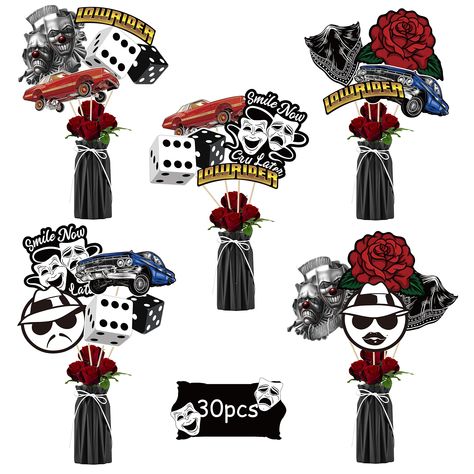 PRICES MAY VARY. Cholo Decor Set - The package contains 10 styles early 2000s party centerpieces, 30 pieces in total, 5 sheets of dispensing paper and a pack of flat round sticks. Quality Material - This Cholo theme party decorations are made of good quality cardstock material, double sided printed, exquisite workmanship, cool and exciting, reusable. It is a good-decoration in Cholo theme party. Unique Design - The whole design mainly early 2000s party centerpieces, printed with cholo style them Cholo Party Theme Ideas, Cholo Party Decorations, 50s Birthday, Early 2000s Party, School Birthday Party, 2000s Party, Arte Cholo, Party Table Centerpieces, Mom Party