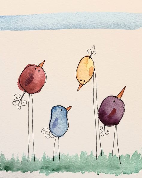 Paint On Boards Ideas, Whimsical Bird Art Watercolors, Watercolor Outlined In Pen, Water Colour For Beginner, Whimsical Birds Drawing, Water Colour Card Ideas, Water Colour Painting For Kids, Ecoline Art Ideas, Watercolor Art For Beginners Landscape