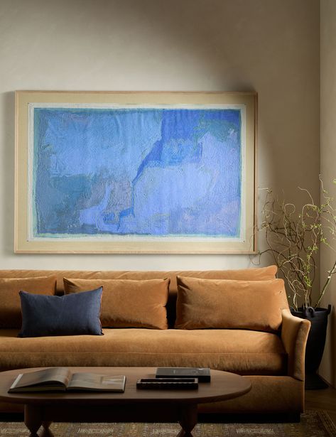 Luscious hues of blue create an abstract mix for this engaging modern wall art piece. Handmade in Austin, Texas, by artist Tyler Guinn, it's a striking composition that's float-mounted with pins on flax linen backing and framed to bring a finished look to the raw, stringed edges of the canvas. Its watery effect is a stunning addition to a refined coastal look or bringing a bold pop of color to transitional wall decor. Crane Stencil, Transitional Wall Decor, Wall Art Piece, Big Wall Art, Love Wall Art, Love Wall, Big Art, Blue Painting, Outdoor Dining Furniture