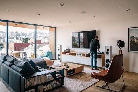 Sonos speakers are wired throughout the house, complemented by Magico S3 standing speakers in the family room. The leather Lama lounger is by Ludovica and Roberto Palomba for Zanotta. Tagged: Living Room, Chair, Sectional, Recessed Lighting, and Light Hardwood Floor. Living Room Speakers, Hifi Room, Sonos Speakers, Muebles Living, Apartment Living Room Design, Audio Room, 아파트 인테리어, Living Room Remodel, Bedroom Refresh