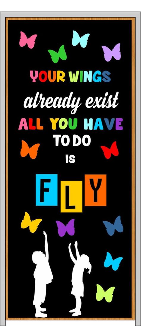 Class Door Decorations, Butterflies Classroom, Soft Board Decoration, Letters Decoration, Teacher Door Decorations, Preschool Door, Teacher Portfolio, Door Letters, Classroom Charts