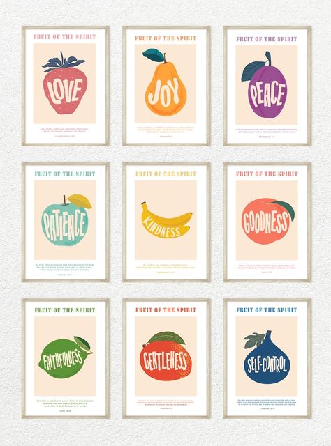 Set of 9 Fruit of the Spirit Printable Art Galatians 5 - Etsy Fruit Prints Art, Fruit Of Spirit Printable, Fruit Of The Spirit Printable Wall Decor, 9 Fruits Of The Spirit, Fruits Of The Spirit Bible Verse, Fruit Of The Spirit Artwork, Fruit Of The Spirit Nursery, Fruits Of The Spirit Decorations, Fruits Of The Spirit Decor