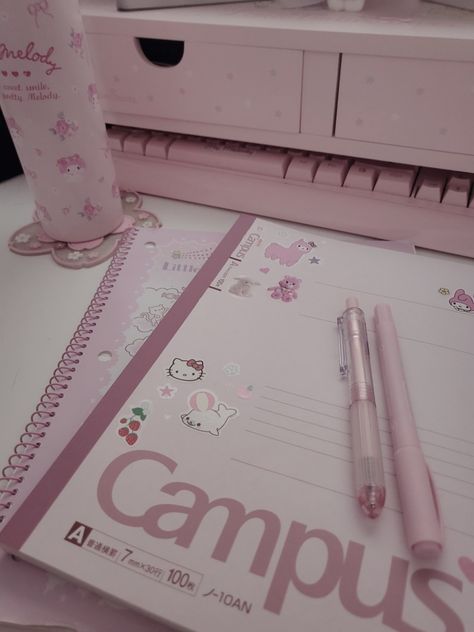 Sanrio Study Aesthetic, Cute Pink Notebooks, Cute Pink School Supplies, Study Journal Aesthetic, Pink Aesthetic Studying, Pink Teacher Aesthetic, Sanrio Studying, Pink Stationary Aesthetic, Hello Kitty Studying