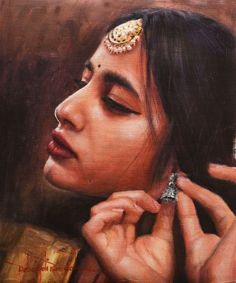 Indian Women Painting Tutorial with Acrylic Colors on Canvas by Debojyoti Boruah Acrylic Painting Portrait Woman Face, Acrylic Painting Canvas Portrait, Creative Composition Painting Ideas, Portrait Painting Reference, Acrylic Portrait Painting Tutorials, Realistic Painting Ideas, Indian Artist Paintings, Indian Portrait Painting, Indian Girl Painting