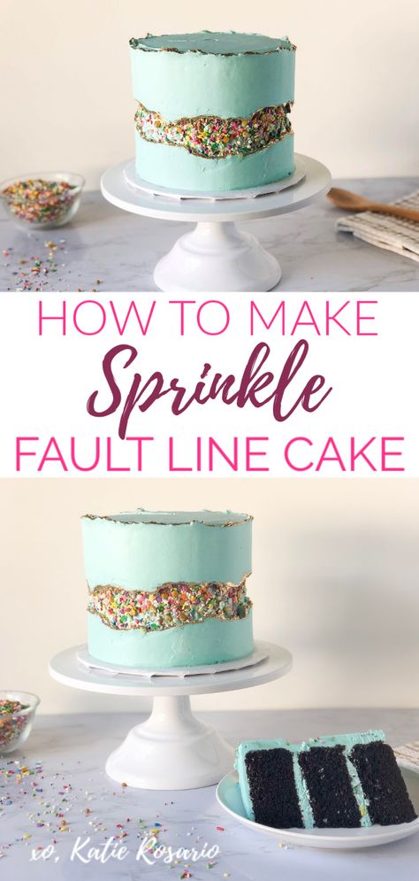 How to Make Sprinkle Fault Line Cake | The fault line cakes are beautiful; you'll see them made with sprinkles, fresh fruit, and even flowers!   In this tutorial, I'll show you how to make your own sprinkle fault line cake! This sprinkle fault line cake is made with soft layers of dark chocolate cake and creamy vanilla buttercream. It's a fun and creative cake that you can make your own. #xokatierosario #sprinklefaultlinecake #faultlinecake #cakedecoratingtipsandtricks Fault Line Cakes, Air Fryer Recipes Chicken Wings, Fault Line Cake, Dark Chocolate Cake, Cake Decorating For Beginners, Cake Decorating Classes, Dark Chocolate Cakes, Baking Business, Soft Layers