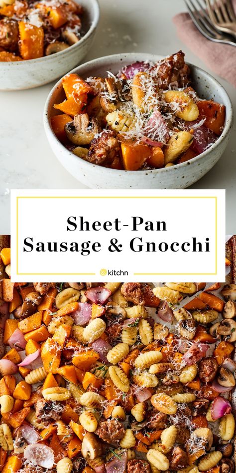 Gnocchi Sausage Sheet Pan, Kielbasa Gnocchi Recipes, Butternut Squash Sheet Pan Dinner, Make Ahead Sheet Pan Dinners, Crispy Sheet Pan Gnocchi, Roasted Gnocchi, Gnocchi With Mushrooms, Sheet Pan Gnocchi, Squash Gnocchi