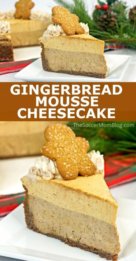 This fun and festive Gingerbread Cheesecake features smooth cheesecake, flavorful gingerbread mousse, and homemade cinnamon whipped cream. Cheesecake Gingerbread, Gingerbread Mousse, Christmas Dessert Drinks, Smooth Cheesecake, Cinnamon Whipped Cream, Mousse Cheesecake, Gingerbread Cheesecake, Christmas Cheesecake, Christmas Party Table