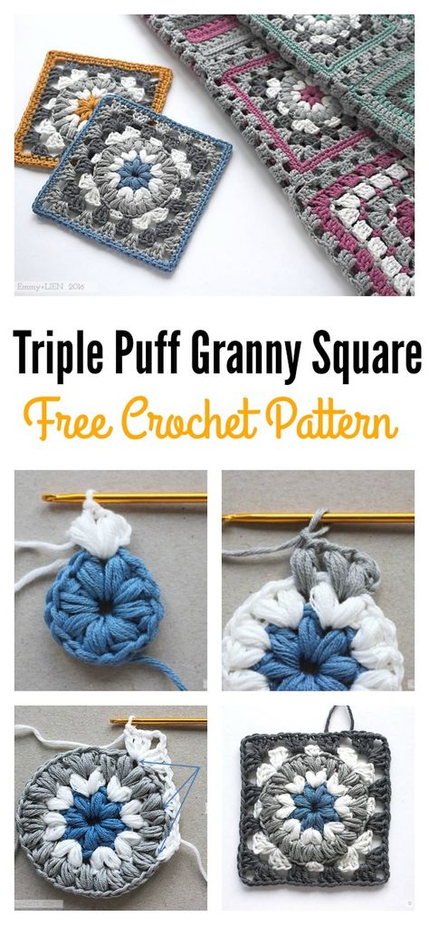 Triple Puff Granny Square Motif Free Crochet Pattern Crochet Ideas For Guys, Puff Granny Square, Granny Square Motif, Motifs Granny Square, Granny Square Haken, Pola Kotak, Granny Square Pattern, شال كروشيه, Popcorn Stitch