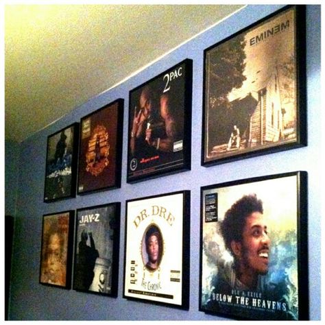 IG: vjcorona| Framed Vinyl Record Gallery Wall | Kanye West,  Nas, Jay-Z, Dr.Dre, Tupac, Blu & Exile, Eminem| Hip-Hop Classics ❤ Hip Hop Gallery Wall, Record Gallery Wall, Hip Hop Bedroom Ideas, Hip Hop Room Decor, Hip Hop Room, Vinyl Record Wall Decor, Charleston Living, 90s Interior Design, Vinyl Records Diy