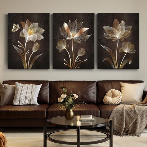 PRICES MAY VARY. 【High-Quality Canvas Material】A set of 3 abstract brown floral paintings, each measuring 12x16 inches, crafted from premium quality canvas. The waterproof and anti-fading properties of the canvas ensure longevity and make these paintings suitable for various indoor environments, including bathrooms and kitchens. 【True Color Representation】Our wall art prints utilize high-grade inks to guarantee an exact color match to the advertised image, offering a faithful representation of t Neutral Pictures, Butterfly Paintings, Large Wall Decor Living Room, Pictures Wall Decor, Brown Couch Living Room, Gold Artwork, Brown Decor, Paintings Modern, Gold Living Room