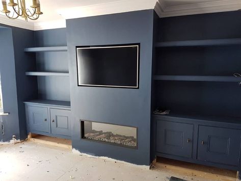 Stiffkey blue and embedded tv Media Wall Navy Blue, Navy Blue Panelling Living Room, Navy Living Room Panelling, Dark Blue Tv Wall, Blue Tv Wall Living Room, Dark Blue Media Wall, Navy Media Wall, Navy Blue Feature Wall Living Room, Blue Media Wall