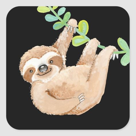 Jungle Sloth Cute Whimsical Square Sticker | Zazzle.com Sloth Painting Easy, Sloth Drawings, Sloth Painting, Sick Artwork, Cute Sloth Pictures, Sloth Drawing, Sloth Cute, March Ideas, Forest Animal Nursery