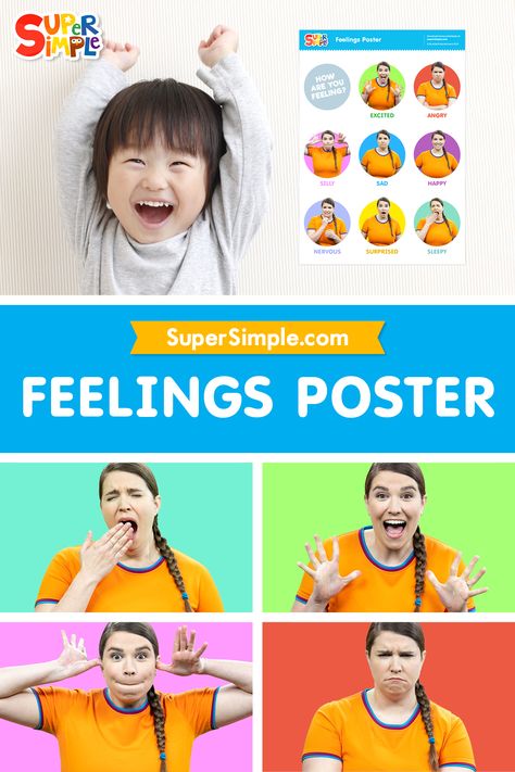 Get our free printable Feelings Poster for your classroom or homeschool, featuring Super Simple Caitie of Caitie's Classroom of course. Feelings Free Printable, Emotion Vocabulary, Toddler Feelings, Emotions Game, Feelings Poster, Feelings Games, Teaching Emotions, Emotions Posters, Free Poster Printables