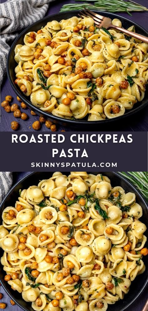 Easy Roasted Chickpeas Pasta with Spinach Broccoli Chickpea Pasta, Spinach Chickpea Pasta, Pasta Salad Garbanzo Beans, Pasta Garbanzo Beans, Chickpeas With Pasta, Pesto Chickpea Pasta, Roasted Veggies And Pasta, Pasta With Garbanzo Beans, Garlic Chickpea Spaghetti