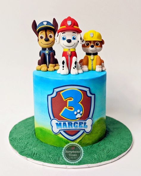 Paw Patrol Cake #pawpatrol #pawpatrolcake #rubble #chase #marshall #pawpatrolcakes #buttercreampawpatrolcake #pawpatrolbirthdaycake #markhamcakes #customcakes #sumptuoustreats #pawpatrolfigures #caoepawpatrol #pawpatrolbirthday www.instagram.com/sumptuoustreats Chase And Marshall Cake, Chase Birthday Cake Paw Patrol, Tort Psi Patrol, Paw Patrol Buttercream Cake, Paw Patrol Chase Cake, Chase Cake, Paw Patrol Birthday Party Cake, Diy Party Themes, Paw Patrol Birthday Theme