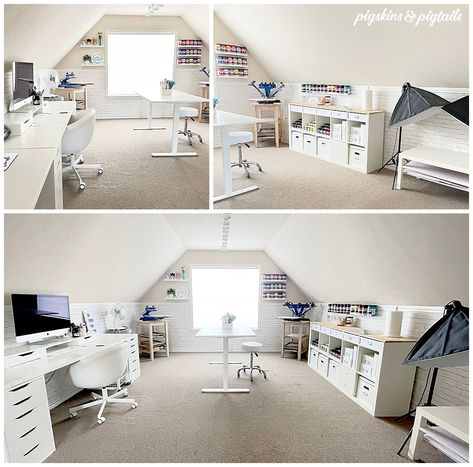 Slanted Ceiling Craft Room, Sloped Ceiling Craft Room, Craft Room With Slanted Ceiling, Bonus Room Craft Room Ideas, Large Craft Room Layout, Attic Hobby Room, Bonus Room Art Studio, Painters Craft Room, Attic Craft Room Sloped Ceiling