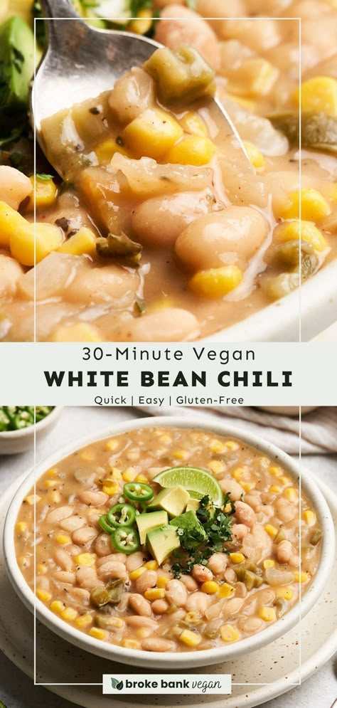 This vegan white bean chili is ready in 30 minutes and comes together in 1 pot! It features buttery white beans, spicy green chiles, juicy corn kernels, and a creamy yet light broth. Try it for a quick, easy, and budget-friendly weeknight meal. #veganwhitebeanchili #whitebeanchili #veganmaindishes White Bean Chili Vegan, Creamy Bean Recipes, Vegan Northern Bean Recipes, White Beans Recipe Vegan, White Bean Vegan Recipes, White Bean Instant Pot, Vegan White Bean Recipes, Recipes With White Beans, White Bean Chili Crockpot