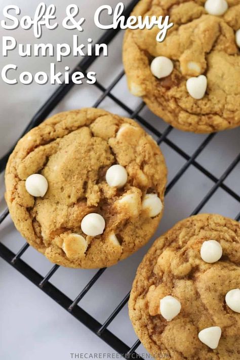 These soft and chewy Pumpkin Cookies with White Chocolate Chips are a fall favorite. They’re loaded with pumpkin flavor and sweet white chocolate chips in every bite. #thecarefreekitchen #pumpkin #fall #baking #pumpkincookies #whitechocolate #dessert Pumpkin Cookies With Cream Cheese Chips, Pumpkin White Chocolate Chip Cookies Healthy, Pumpkin Cookies With White Choc Chips, Pumpkin Cookies With White Chips, Pumpkin Cookies With White Chocolate, Pumpkin Cookies With White Chocolate Chips, Pumpkin White Chocolate Cookies, White Chocolate Chip Pumpkin Cookies, White Chocolate Pumpkin Cookies