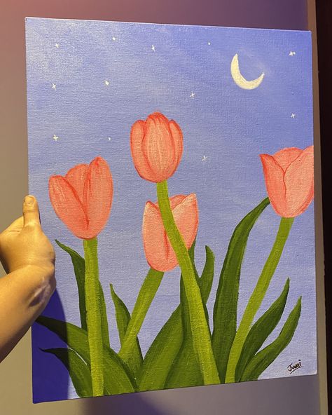 acrylic painting. inspo: youtube   #tulips #acrylic #acrylicpaint #painting Tulip Easy Painting, Acrylic Painting Flowers On Canvas Easy, Flower Painting Ideas Easy Simple, Beginner Acrylic Painting Ideas Simple, Simple Painting Flowers, Easy Kids Painting Ideas On Canvas, How To Paint Tulips Acrylics, Drawing Canvas Ideas, Tulip Art Painting