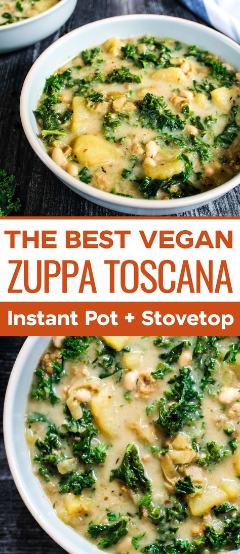 Kale Soup Instant Pot Recipes, Instant Pot Soup Recipes Dairy Free, Zupa Toscana Soup Vegan, Zuppa Toscana Vegetarian, Vegan Soup With Kale, Vegan Instapot Soup Recipes, Vegetarian Tuscan Soup, Vegan Olive Garden Soup, Olive Garden Zuppa Toscana Soup Vegan