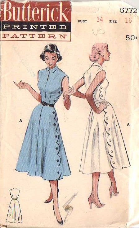 . Button Dress Pattern, Butterick Dress Patterns, Patron Vintage, Look Retro, Vintage Dress Patterns, Fashion 1950s, Sleeveless Gown, Art Theme, Retro Mode