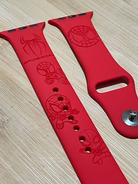 Spider Man inspired Apple and Samsung Galaxy Watch Band. Engraved spider man Images  ATTENTION  If you'll like to get an Apple Watch Band size S/M as supposed to M/L please ask for availability (most of the colors are available) if I do not get a request I will make a M/L. For all Galaxy Bands only M/L is available. Choosing the right Band Apple Watch  There's two different watch band sizes(38/40/41 and 42/44/45/49)  Apple Watch compatible with  sizes 38,mm 40mm and 41mm (38/40/41)  Apple Watch Spider Man Accessories, Spider Man Images, Spider Man Stuff, Apple Watch Colors, Spiderman Room, Spiderman Girl, Cute Apple Watch Bands, Spiderman Gifts, Spaider Man