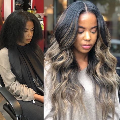 #nofilter Before and After . Fullhead sew in with minimal leave out & deep ash blonde #balayage😍 👌🏾 Client's leave it was not dyed for this… Black Leave Out Sew In, Blonde Balayage Sew In Weave, Balayage Extensions Before And After, Sew In With Color Leave Out, Hybrid Sew In Tape In, Weave Leave Out Hairstyles, Blonde Leave Out Sew In, Ash Blonde Sew In, Colored Sew In With Leave Out