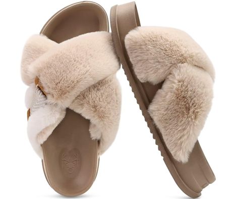 PRICES MAY VARY. ☁️Faux Fur Criss Upper: Skin-friendly fuzzy faux rabbit fur crossband wraps your feet,serve you gentle touch and cozy,Open toe flatform slippers are easy slip on and breathable🌫️ 👗 EASY TO MATCH WITH CLOTHES: Classic design and fashionable color matching. You can match with loungewear, skirts or other styles of clothes, versatile and not wrong. 👣Soothing footbed for feet: Great footbed with firm arch support and a deep heel cup,gives support while reducing pressure with each House Slippers Womens Luxury, Outdoor Slippers Women, Flexible Shoes, Shoe Image, Slides Slippers, Open Toe Slippers, Gentle Touch, Platform Slippers, Platform Slides