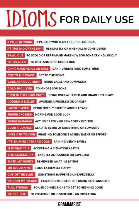 A list of common English idioms with their meanings, focused on phrases for daily use and spoken language, useful for language learning and improving sentences. Daily English Phrases, English Phrases Idioms For Daily Use, English Common Phrases, English Expressions Idioms, Idioms With Examples, Daily Use Idioms, Common Idioms English, Spoken English Vocabulary, Useful Idioms In English