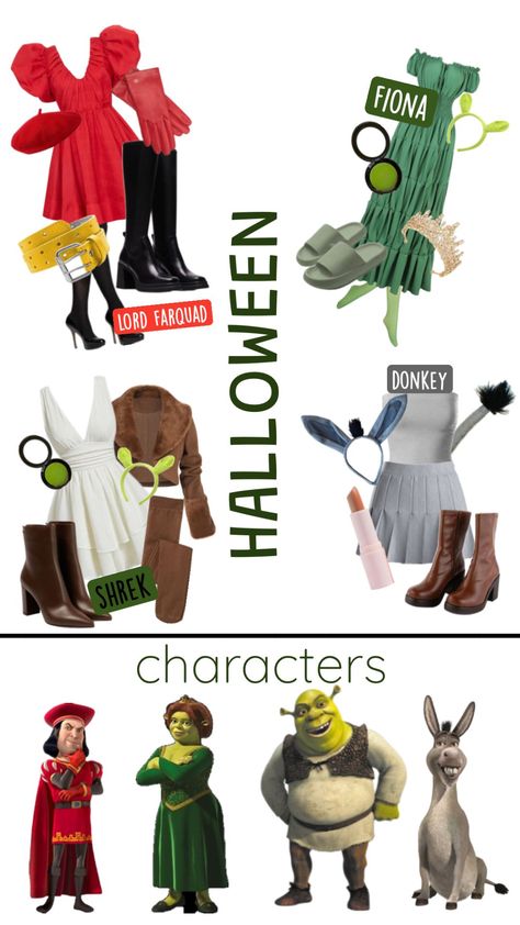 shrek halloween costumes💚 #halloweenseason #slay #groupcomstume Do The Roar Shrek Costume, Shrek Ugly Stepsister Costume, Female Lord Farquaad Costume, Gingy Shrek Costume Diy Women, Shrek Character Costumes Women, Shrek And Donkey Halloween Costume, Shrek Trio Costume, Shrek Costumes Women, Shrek Costumes Ideas