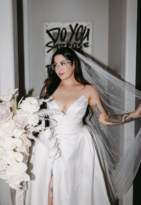 Wedding Dress With Glasses On, Glasses On Wedding Day, Wedding Pictures With Glasses, Bride Glasses Wearing, Wedding Dress With Glasses, Tattoos In A Wedding Dress, Glasses Wedding Bride, Bride In Glasses, Brides In Glasses