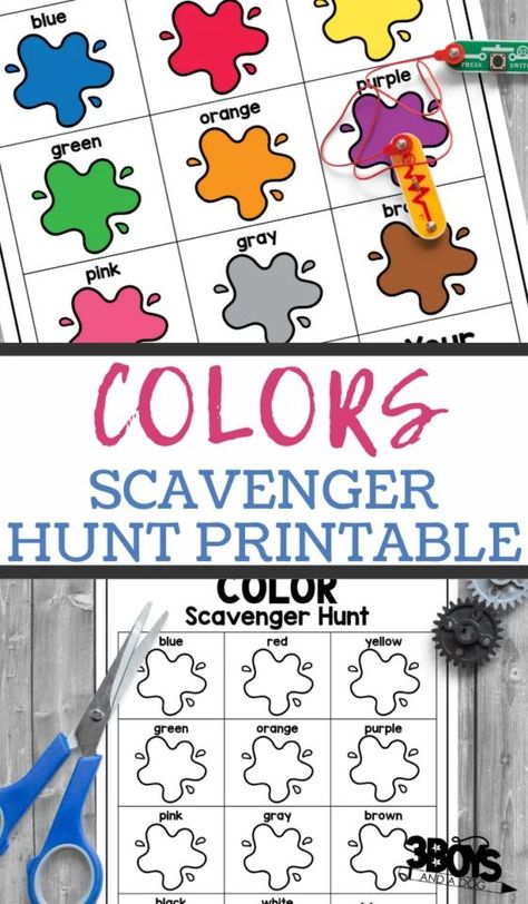 Check out this super cute Preschool Color Scavenger Hunt! The kids are going to have a blast with this find the colors game for preschoolers! This is one of those learning activities that work on color and shapes and more! When it comes to preschool games, this is the one! Be sure to check out my 30 Fun Homeschooling Preschool Worksheets for even more learning activities for kids. Color Scavenger Hunt, Learning Activities For Kids, Homeschooling Preschool, Printable Dog, Preschool Colors, Color Games, Preschool Games, Kids Learning Activities, Homeschool Preschool